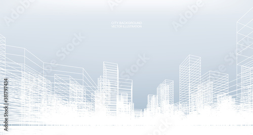 Abstract wireframe city background. Perspective 3D render of building wireframe. Vector. © Lifestyle Graphic