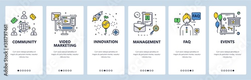 Business community, innovation, management, FAQ, video marketing. Mobile app screens, vector website banner template.