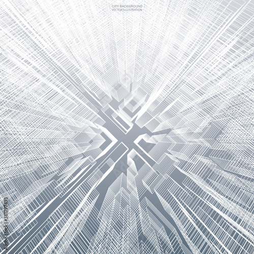 Abstract virtual zoom of wireframe for background. Perspective 3D render of building wireframe. Vector.