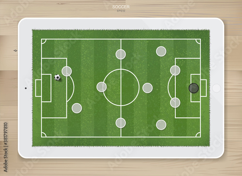 Soccer football game formation tactics on touch screen tablet background with wood texture. Planning position for coach. Vector.