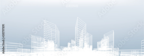 Abstract wireframe city background. Perspective 3D render of building wireframe. Vector.