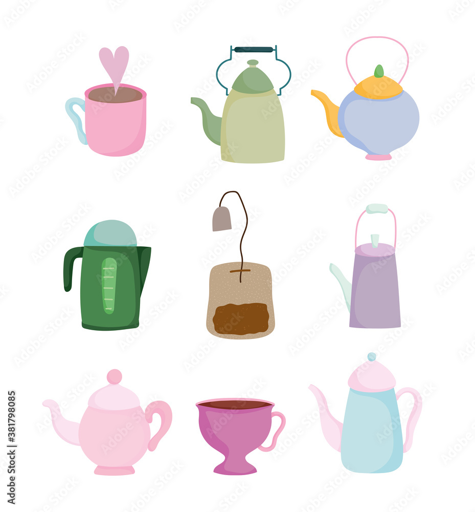 tea time kitchen ceramic drinkware, teabag, cups and kettle cartoon design