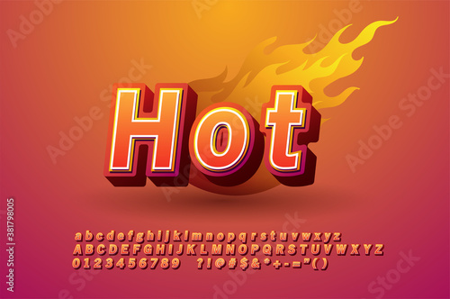 "Hot" 3D font effect with flame alphabet design for printing, modern letter design