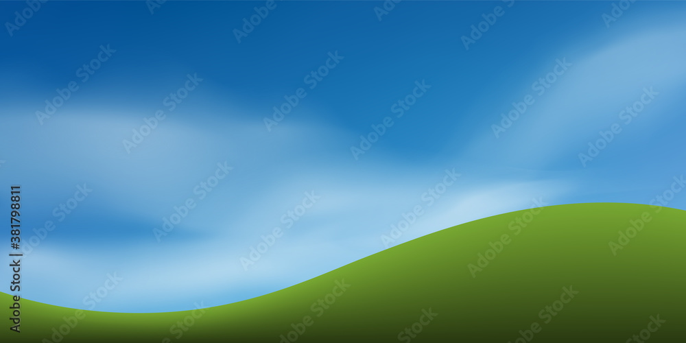 Green grass hill or mountain with blue sky. Abstract background park and outdoor for landscape design idea. Vector.