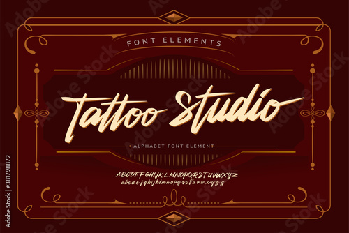 Tattoo Studio alphabet, Hand drawn font lowercase and uppercase. Calligraphy decorative ABC alphabet isolated. Hand lettering and custom typography for your designs, logo, poster. Vector typeface.
