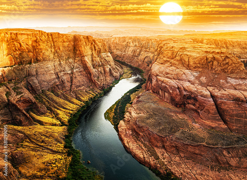 Horseshoe Bend by Grand Canyon at sunset. Red rock canyon road panoramic landscape. Mountain road in red rock canyon desert panorama.