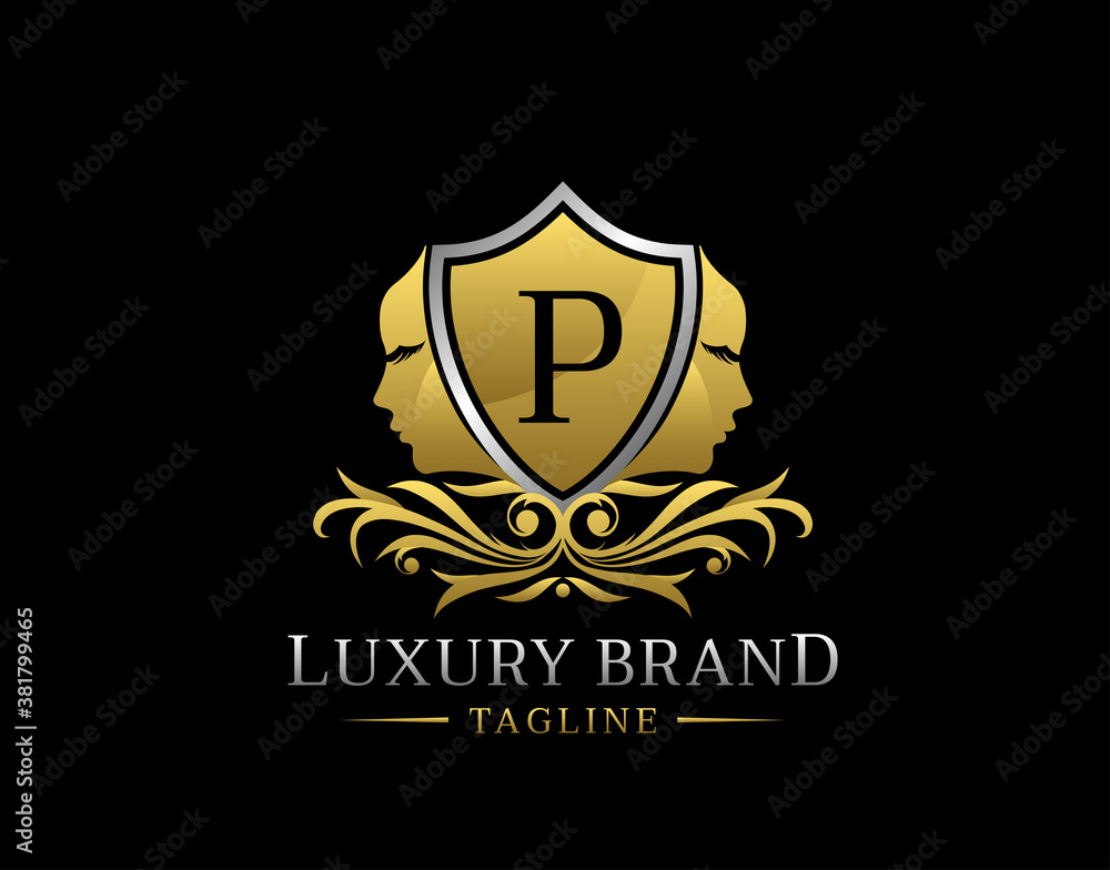Royal Beauty Logo With P Letter. Elegant Gold Shield badge With Beauty Face Shape perfect for salon, spa, cosmetic, Boutique, Jewelry. Royal Beauty Logo With P Letter. Elegant Gold Shield badge With Beauty Face Shape perfect for salon, spa, cosmetic, Boutique, Jewelry.