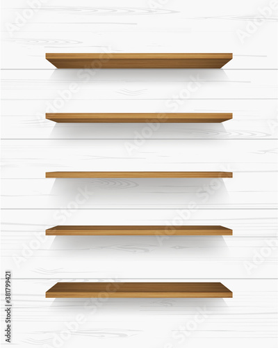 Wooden shelf on white wooden wall background with soft shadow. Vector.