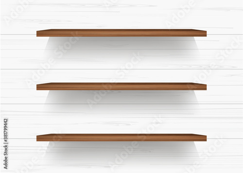 Wooden shelf on white wooden wall background with soft shadow. Vector.