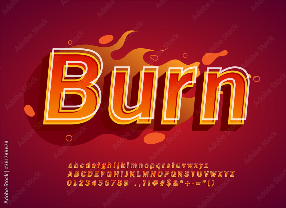 Hot 3D font effect, flame alphabet design for printing, vibrant cool style alphabet, numbers and symbols