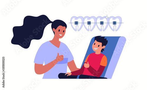 Beautiful straight white teeth with braces. Boy at the dentist sits on a chair, smiling at the friendly doctor. Vector flat cartoon illustration.