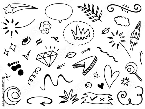 Hand drawn set elements  Abstract arrows  ribbons  hearts  stars  crowns and other elements in a hand drawn style for concept designs. Scribble illustration. Vector illustration.