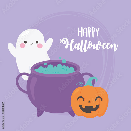 happy halloween pumpkin ghost and cauldron with spell potion