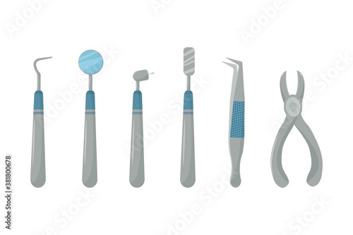 Dentist instruments, equipment, professional medical tools. Stomatology, orthodontic concept. Design elements, objects isolated on white background. Vector illustration