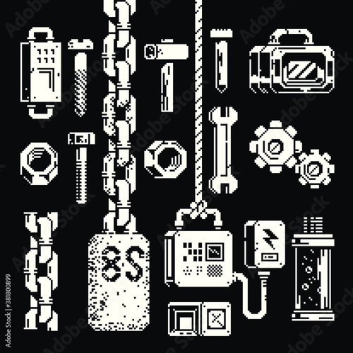 Industry pixel art icons set, industrial business. Construction tools. Factory, management technology. Design for app and logo. Isolated vector illusrtration.