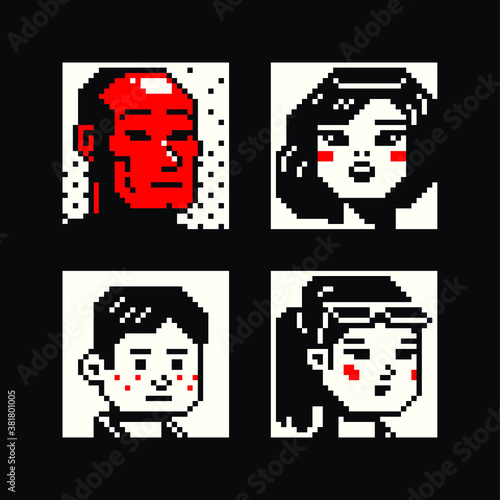 Pixel art style people characters set. Woman, Man, Boy and Girl. Avatar profile. Game assets. 8-bit. Sticker design. Isolated vector illustration.
