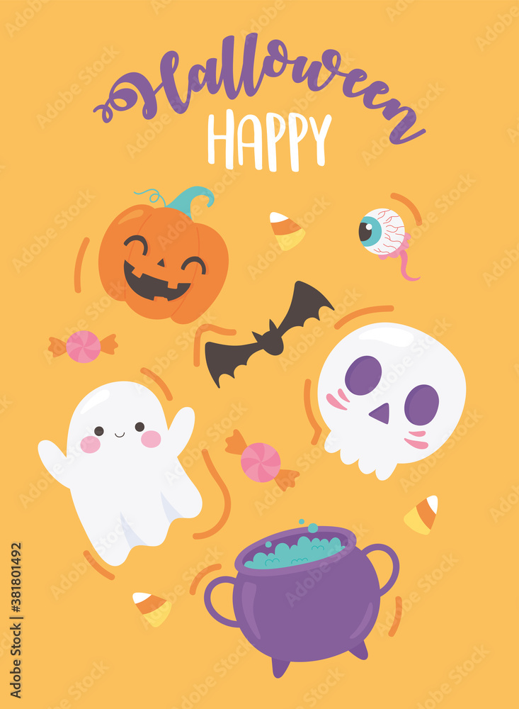 happy halloween funny pumpkin skull bat cauldron candies creepy eye poster happy halloween funny pumpkin skull bat cauldron candies creepy eye poster