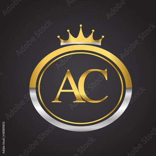 initial letter AC logotype company name with oval shape and crown, gold and silver color. vector logo for business and company identity.