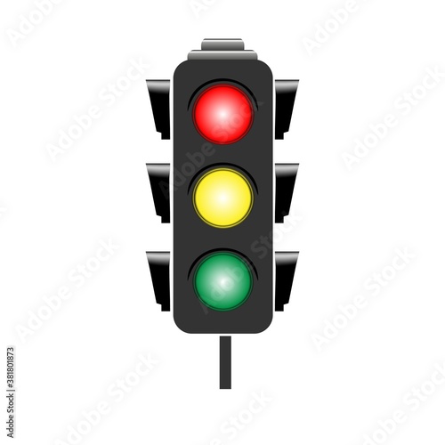 Stoplight sign. Icon traffic light on white background. Symbol regulate movement safety and warning. Electricity semaphore regulate transportation on crossroads urban road. Flat vector illustration.