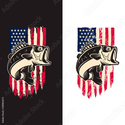 Illustration of bass fish of background of usa flag in grunge style. Design element for poster,card, banner, sign, emblem. Vector illustration