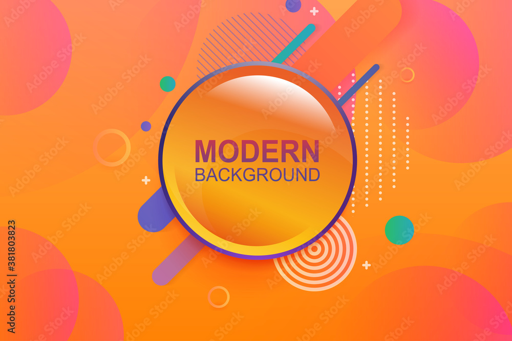 Fototapeta premium Abstract orange composition, various geometric shapes, stripes and a round frame with a blue border