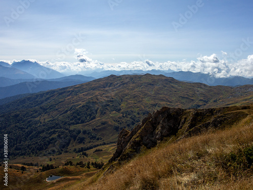 Panorama of mountains in autumn ,a place of rest and travel in the bosom of nature in the mountainous area of subalpine meadows.