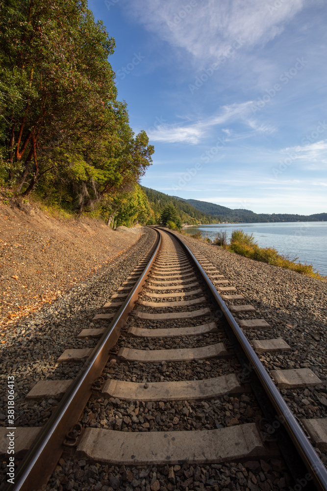 American railroad tracks by Pacific Ocean at Bellingham Bay Washington State
