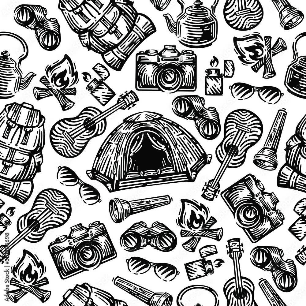 camping equipment seamless vector Patterns. Doodles design on white ...