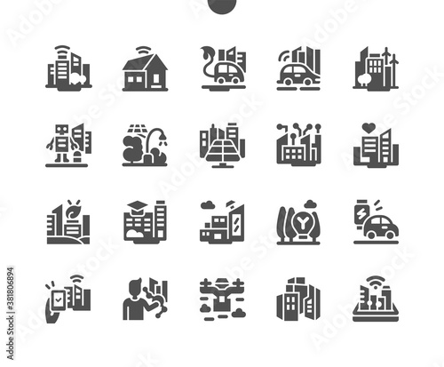 Smart city technology. Wireless technology, telecommunication, internet of things concept, smart city connect. Eco green city. Communication and networking. Vector Solid Icons. Simple Pictogram