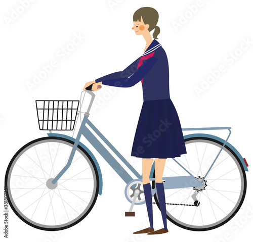 自転車を押す女子学生のイラスト