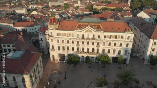 Aerial / drone footage of Széchenyi square. Pécs, the fifth largest city of Hungary, a major cultural center, on the slopes of the Mecsek mountains, administrative, economic center of Baranya County photo