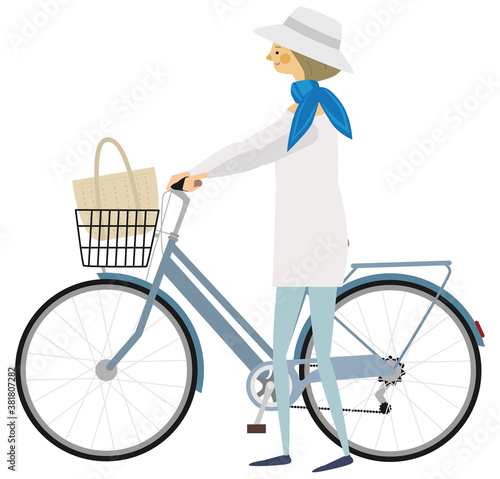 自転車を押す女性のイラスト