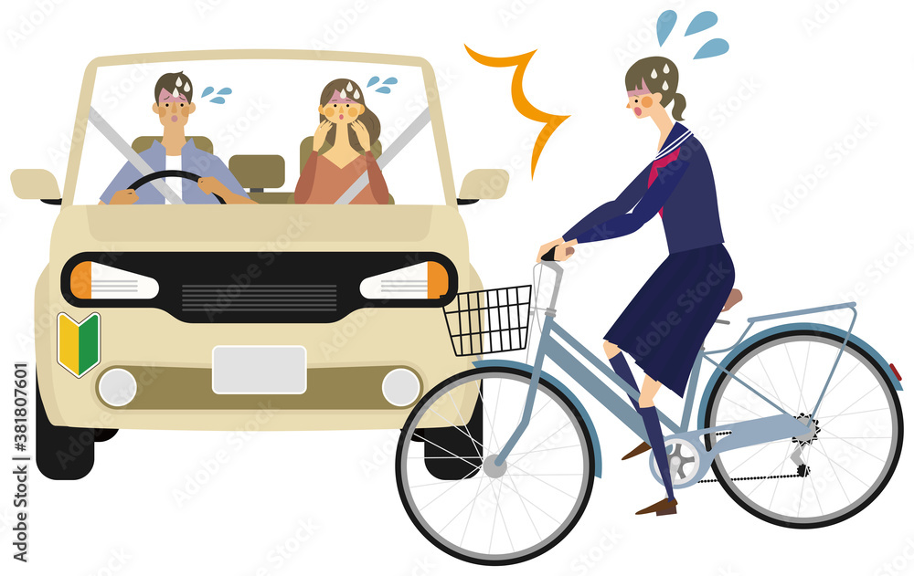 初心者マークの車と高校生の自転車の事故イラスト 初心者マークの車と高校生の自転車の事故イラスト