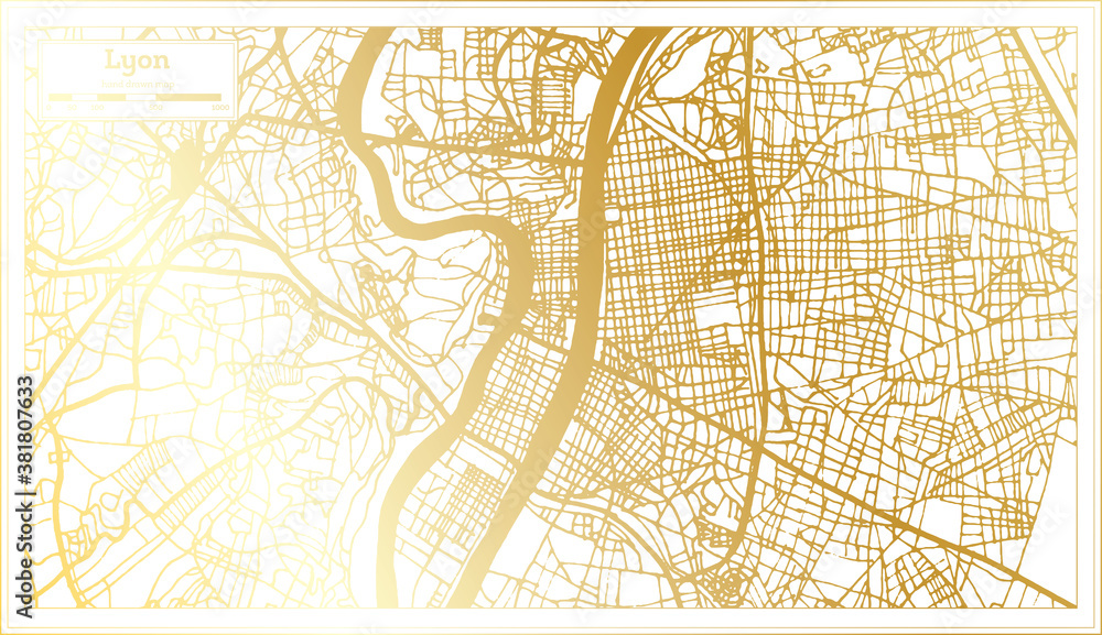 Lyon France City Map in Retro Style in Golden Color. Outline Map. Lyon France City Map in Retro Style in Golden Color. Outline Map.