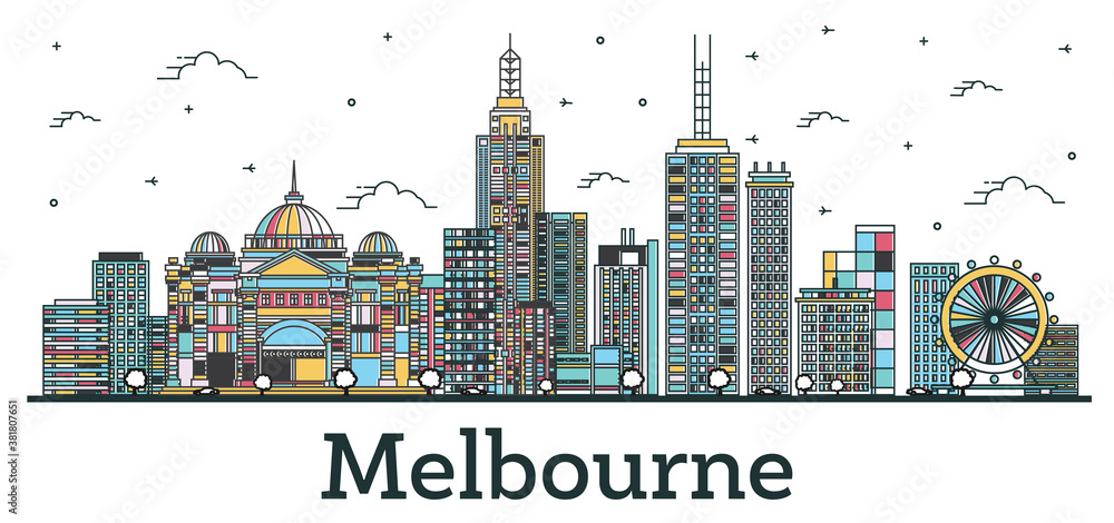 Obraz premium Outline Melbourne Australia City Skyline with Color Buildings Isolated on White.