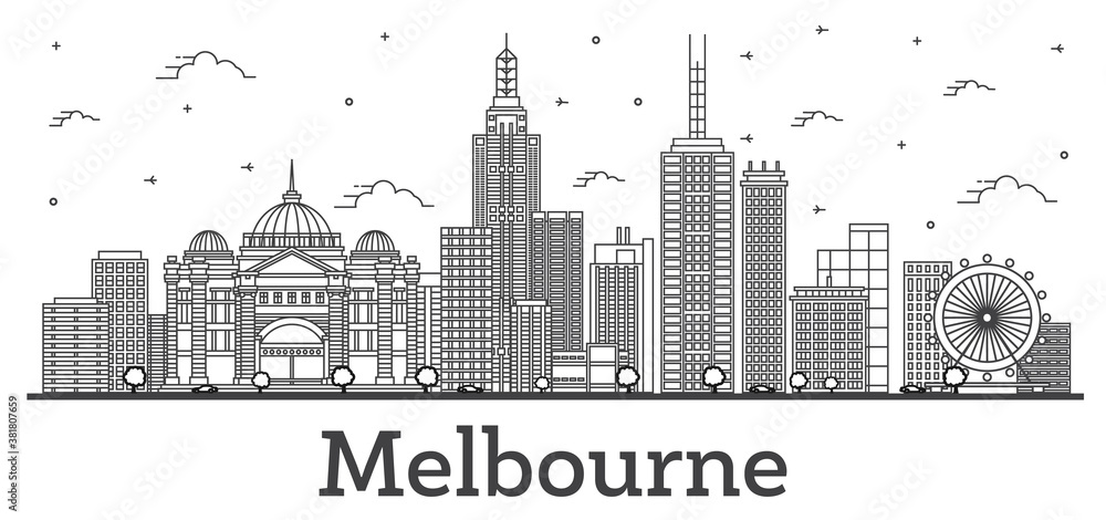 Outline Melbourne Australia City Skyline with Modern and Historic Buildings Isolated on White.