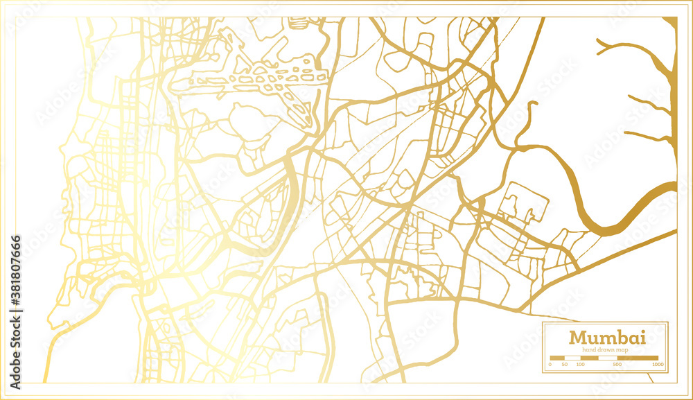 Mumbai India City Map in Retro Style in Golden Color. Outline Map.