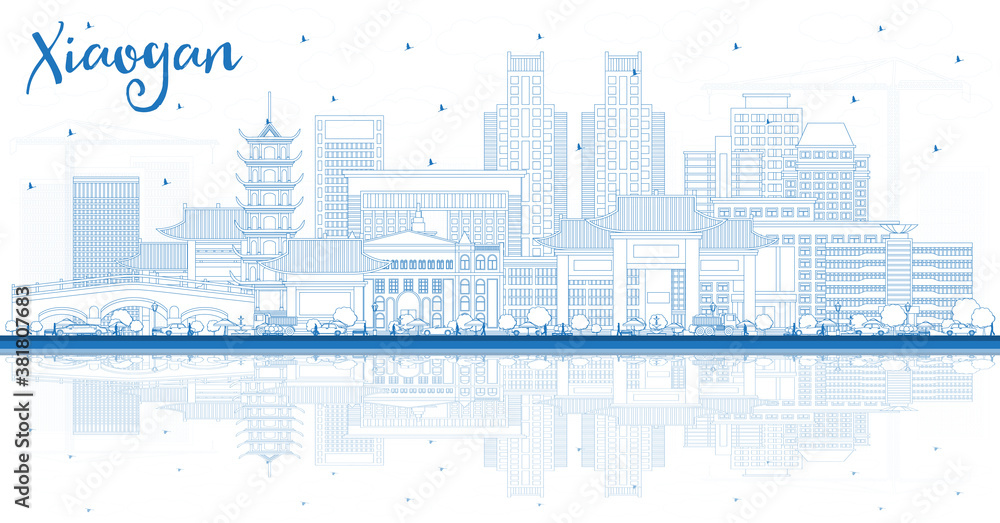 Outline Xiaogan China City Skyline with Blue Buildings and Reflections.