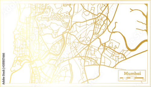 Mumbai India City Map in Retro Style in Golden Color. Outline Map.