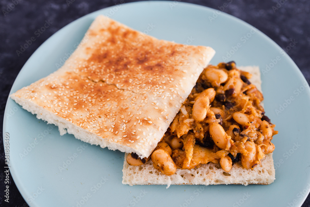 plant-based food, vegan butter bean and cauliflower sandwich with paprika and mixed spices plant-based food, vegan butter bean and cauliflower sandwich with paprika and mixed spices