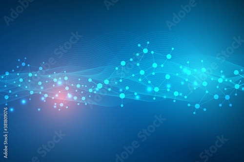 Structure molecule and communication. Dna, atom, neurons. Scientific concept for your design. Connected lines with dots. Medical, technology, chemistry, science background. Vector illustration.