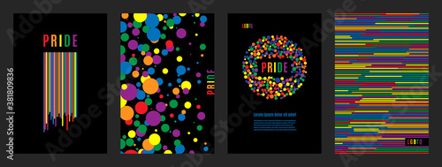 Lgbtq rainbow flag freedom community, pride pattern on black background, colorful cover illustration.