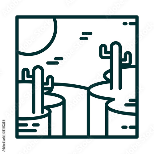 landscape desert with rocky canyon cactus sun cartoon line icon style
