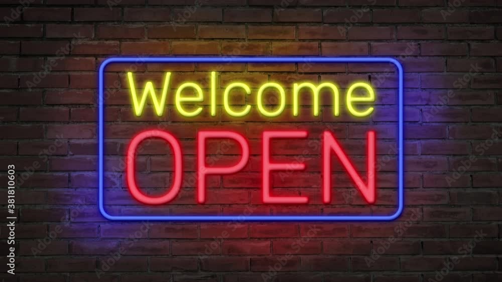 Welcome open neon sign blinking on brick wall background, Business concept Welcome open neon sign blinking on brick wall background, Business concept