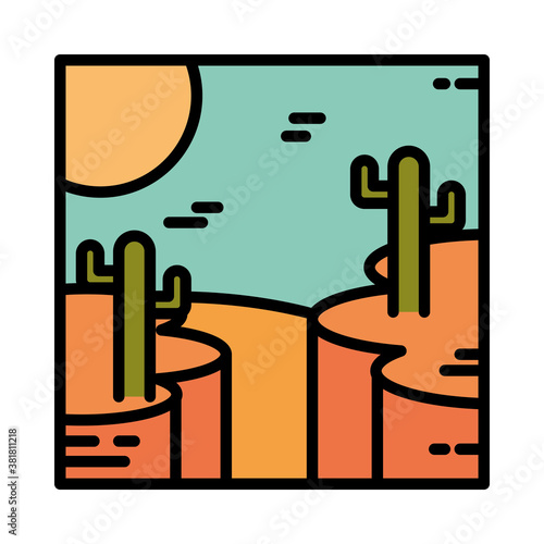 landscape desert with rocky canyon cactus sun cartoon line and fill style