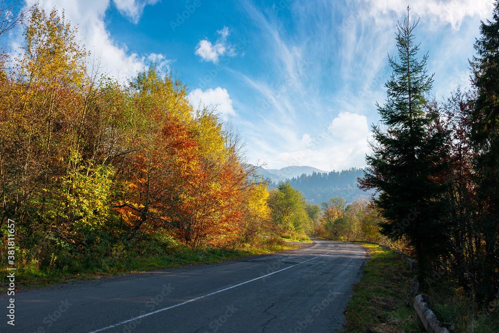 old asphalt road in mountains. beautiful autumn scenery on a sunny day. trees in colorful foliage. countryside journey on a weekend concept