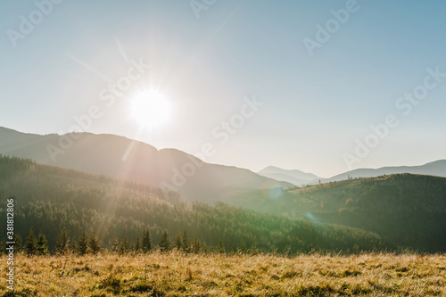 Autumn sun in the mountains. Trees on the edge of a hill in fall colors. The wonderful countryside in the morning. Amazing view on a sunny day with fog and high mountain peaks behind.