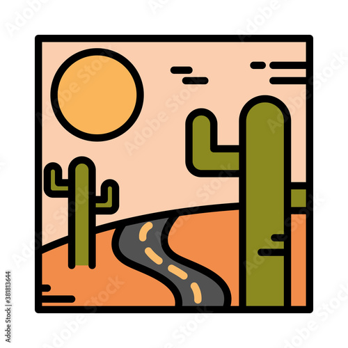 landscape desert road cactus sand sun nature scene line and fill style