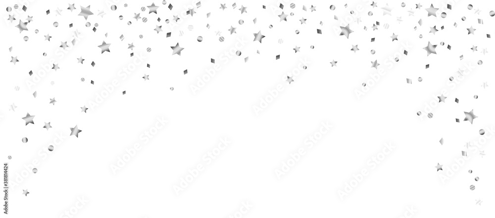 Celebration background with decoration isolated on white. Falling stars confetti, holiday border. Festive silver frame. For Christmas, New Year banners, birthday or wedding invitations, party flyers Celebration background with decoration isolated on white. Falling stars confetti, holiday border. Festive silver frame. For Christmas, New Year banners, birthday or wedding invitations, party flyers
