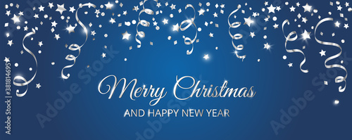 Christmas banner with decoration. Blue background with falling confetti, ribbons and stars. Festive border, silver frame. For New Year and winter holiday headers, party flyers. Vector illustration.